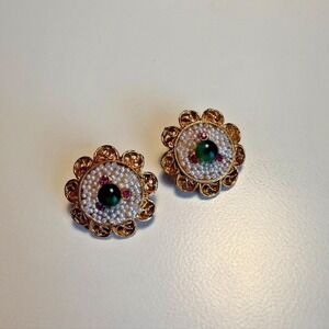 Vintage Signed BSK Golden Faux Seed Pearl Green Cabochon Ornate Clip on Earrings